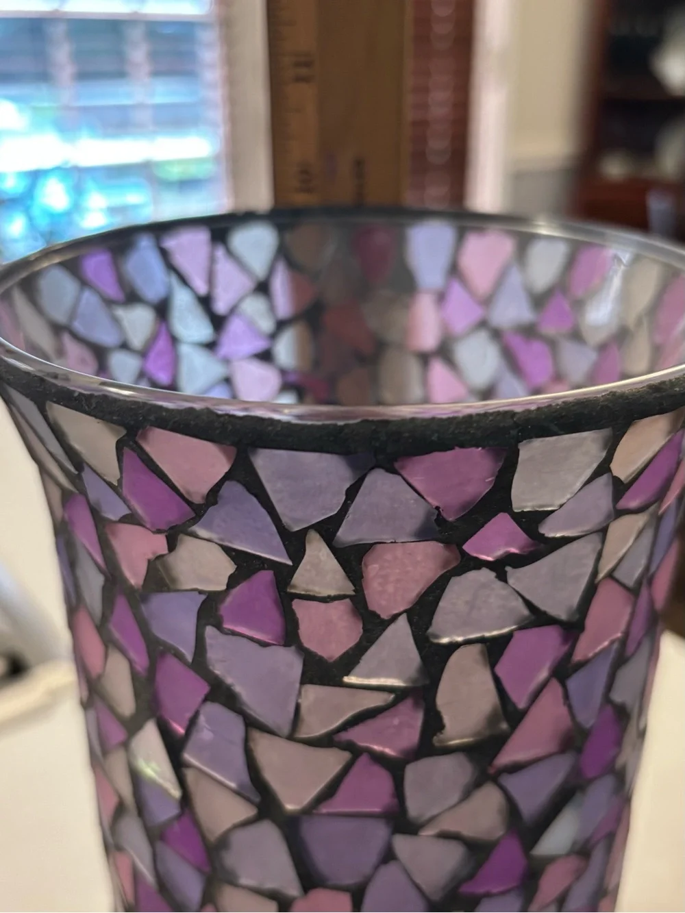 Vintage Mosaic Glass Hurricane Candle Holder Set Home Interiors Purple & Pink